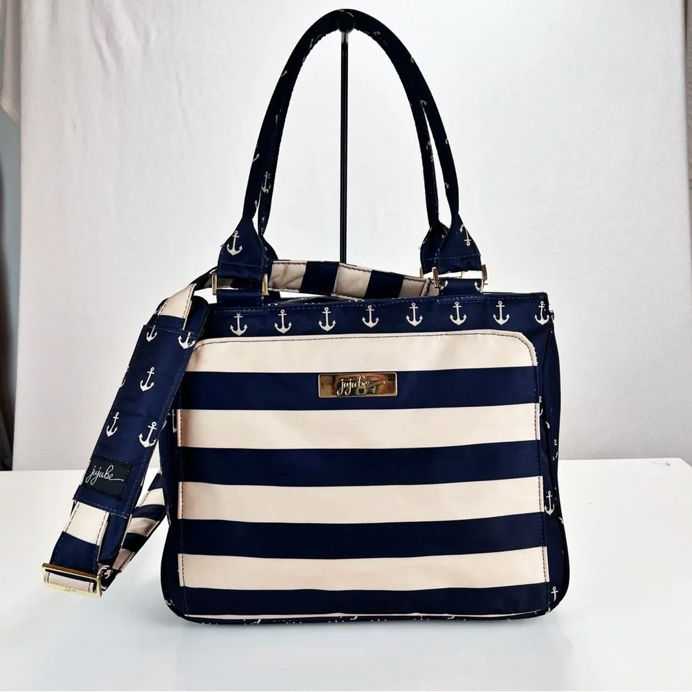 JuJuBe Diaper Bag Nautical Striped‎ w/Anchor Print Multi Compartment Baby Tote
